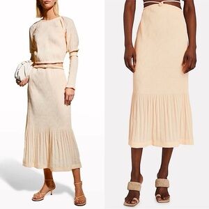 NWT SIMKHAI Peach Geo Plisse Pleated Cutout Waist‎ Tie Ruffle Hem Midi Skirt 12